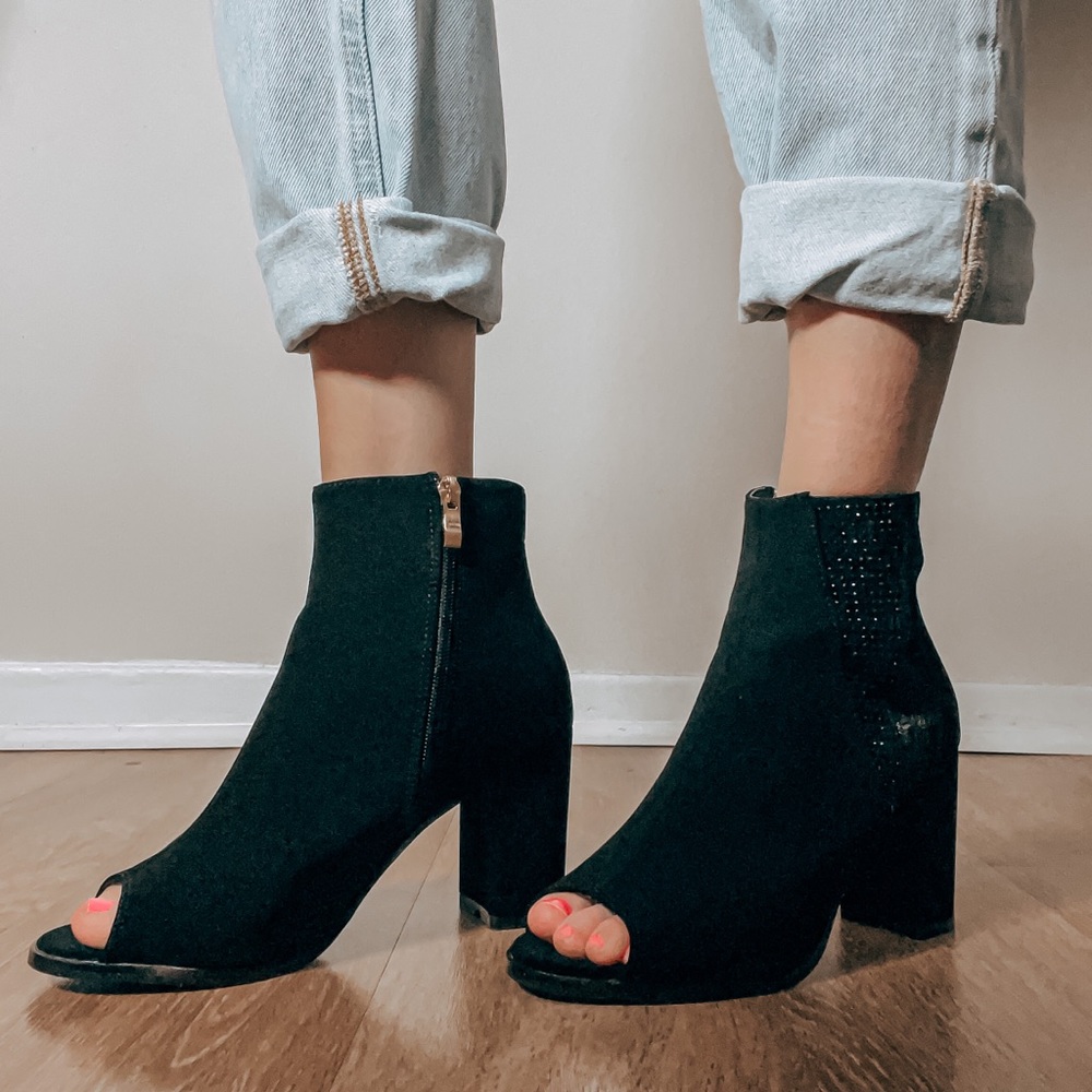 Black Peep Toe Lace Detail Booties